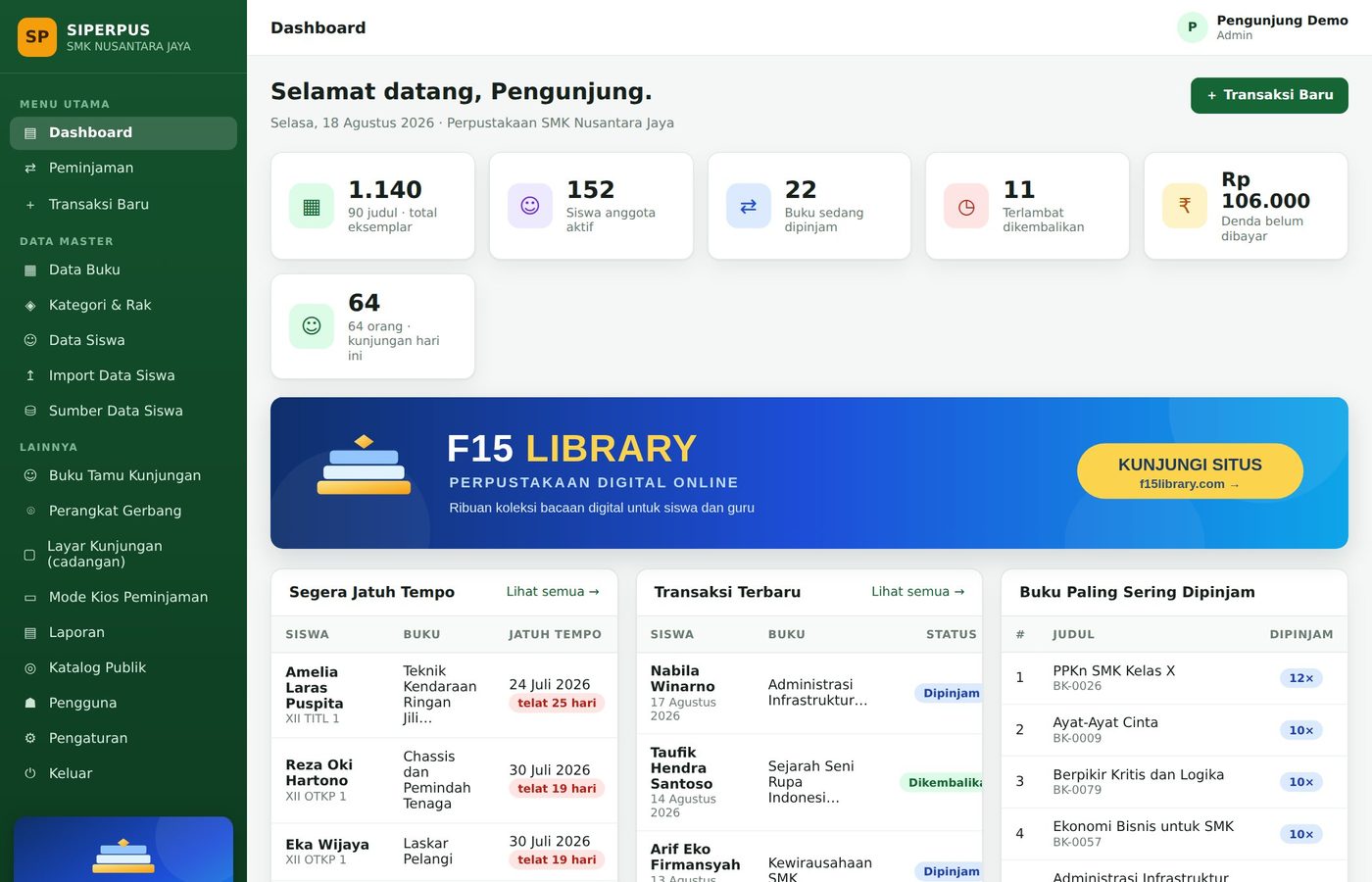 Tampilan dashboard aplikasi SIPERPUS